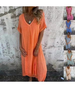 Lssiges Baumwoll-Leinen-Kleid mit V-Ausschnitt für Frauen